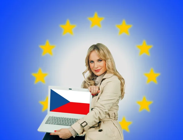 Woman holding laptop with czech republic flag — Stock Photo, Image