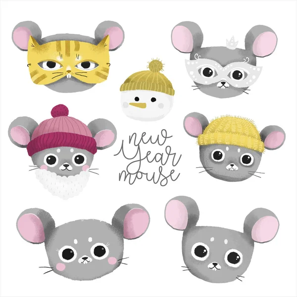 Conjunto Rostos Bonitos Mouse Símbolo Ano Novo 2020 Ilustração Vetorial — Vetor de Stock