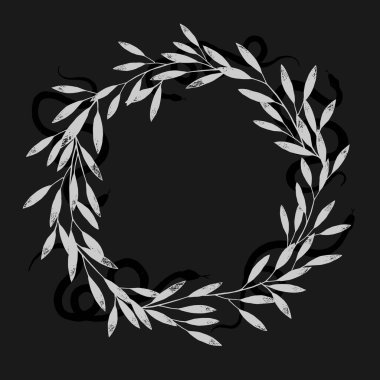 çerçeve vektör dalları ve yılan kalem çizimi, vintage stil grafik illüstrasyon