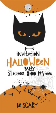 Cadılar bayramı davetiyesi. Siyah bir kediyle. turuncu ve siyah klasik vektör çizimi