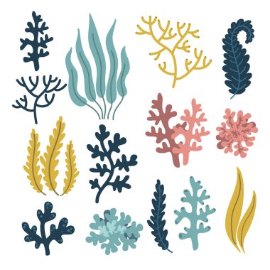 Bitkiler ve mercanlar, sualtı dünyası elementleri seti, okyanus denizi, vektör illüstrasyonu 