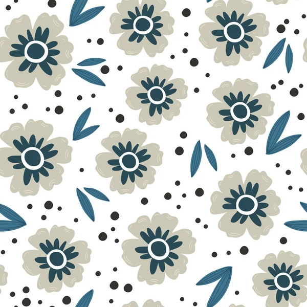 Grijze Blauwe Bloemen Met Bladeren Naadloos Patroon Vector Hand Tekening — Stockvector