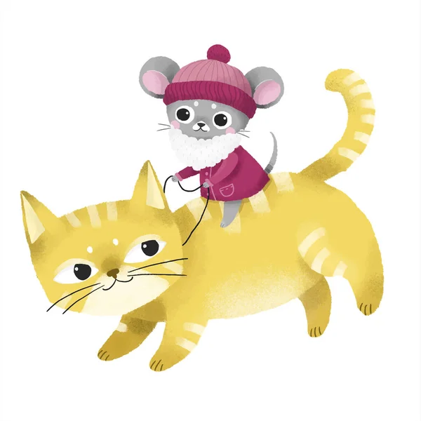 可愛いネズミのサンタさん猫の上にベクトルテンプレートのグリーティングカード新年2020 — ストックベクタ