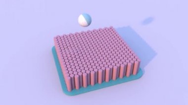 Bir trambolinin üç boyutlu animasyonunu silindir setinden ve zıplayan bir küreden trambolinde zıplayarak döndür. Canlandırılmış ekran koruyucuları için Geometrik 3d soyut bileşimi.