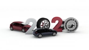 Yeni yıl 2022 yılının 3D animasyonu. Yeni yıl 2022 'nin kompozisyonu için konum biçimli arabalar ve tekerlekler. Otomotiv endüstrisinin çağı. Elektrikli arabalar çağı..