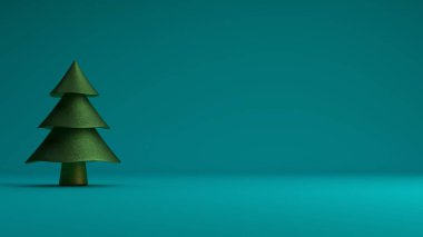 Mavi arka planda yeşil bir Noel ağacının 3 boyutlu görüntüsü. Noel ve Yeni Yıl kompozisyonları için resim.