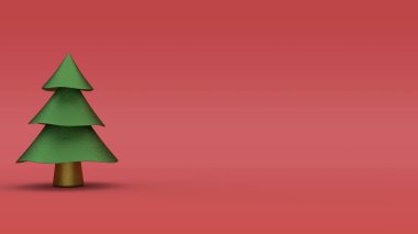 Kırmızı arka planda yeşil bir Noel ağacının 3 boyutlu görüntüsü. Noel ve Yeni Yıl kompozisyonları için resim.