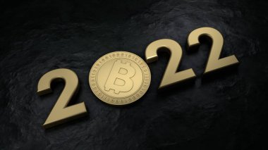 2022 yılının altın tarihini siyah bir kömür yüzeyinde bitcoin kripto para ile 3 boyutlu olarak resmetmek. 2022 'de kripto para piyasasının finansal gelişimi fikri.