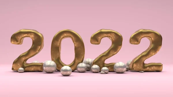 新しい年の黄金の日付の3Dレンダリング2022表面に銀滴とピンクのスタジオで 美しい3Dクリスマスイラスト — ストック写真