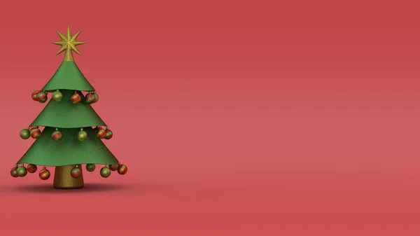 Renderização Uma Árvore Natal Verde Com Decorações Fundo Vermelho Ilustração — Fotografia de Stock