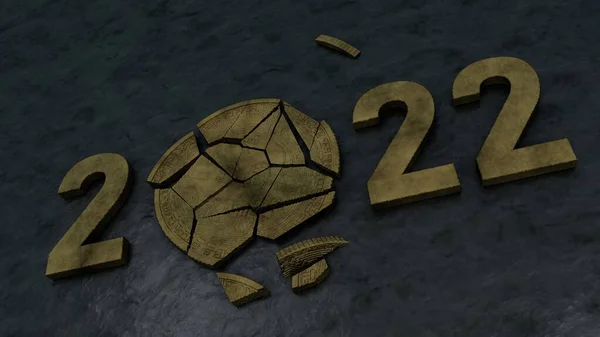 石炭の表面に壊れたビットコインで2022年の新年の変色した日付の3Dレンダリング 2022での暗号通貨の金融市場の崩壊のアイデア — ストック写真