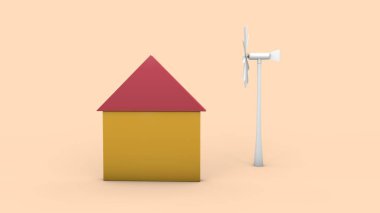 Üç boyutlu bir ev ve rüzgar jeneratörü. Şekil verilmiş görüntü, yenilenebilir enerjinin 3D sembolü.