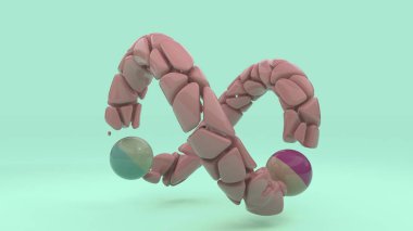Pembe bir ilmeğin 3D görüntüsü, sekiz adet kaynaşmış çakıl taşı ve iki kürenin görüntüsü. Arkaplan resimleri için 3d soyutlama.