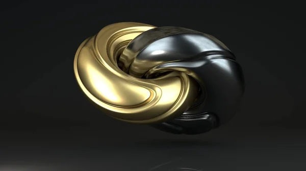 三维渲染两个金属环 一个金环和一个铁环 相互交织在一起 表面上有弯曲和波纹 对立面的结合 财富与力量的结合 — 图库照片