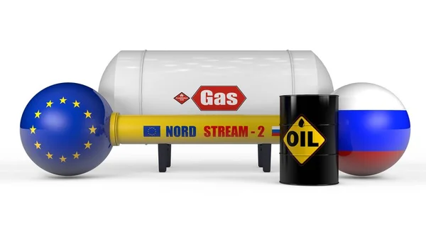 3D将天然气从俄罗斯输送到欧洲 的输油管道的铺设 一个装有铭文气和一桶油的油箱象征着燃料的供应 被白色背景隔离 — 图库照片