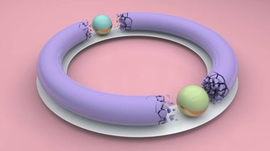 Mor bir yüzük ve iki kürenin 3 boyutlu görüntüsü. Küreler halkayı küçük parçalara ayırıyor. Soyut 3d bileşimi.