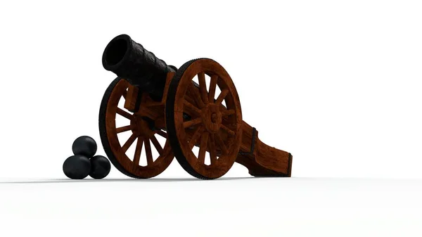 Rendering Model Ancient Medieval Cannon Wooden Carriage Wheels Cores — Stock Photo, Image