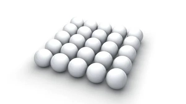 白い表面に均等に配置された25個の白い球のセットの3Dレンダリング 完璧な幾何学的形状のセット — ストック写真