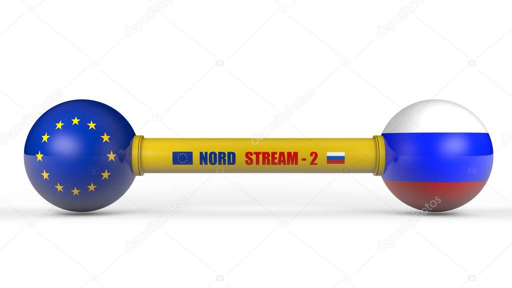 3d rendering of a pipeline transporting gas from Russia to Europe, the European Union.  Isolated on a white background. Spheres with flags symbolize the partner states.