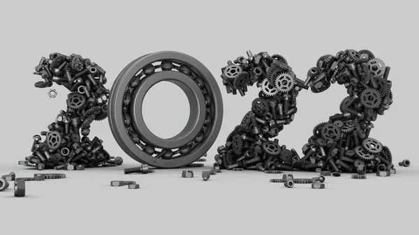 Візуалізація Новорічної Дати 2022 Року Різних Металевих Виробів Болтів Горіхів — стокове фото