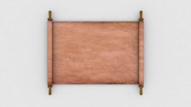 Açılan bir parşömen parşömeninin 3 boyutlu animasyonu. Metinleri ve reklamları kapsayan alfa kanalı ile animasyon.