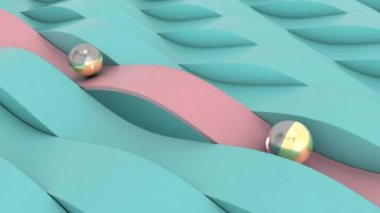 Mavi dalgaların soyut üç boyutlu animasyonu ve altın topların hareket ettiği pembe dalgalı bir yol. Arkaplan için 3d döngü animasyonu, gürültü ve obje içeren malzemeler.