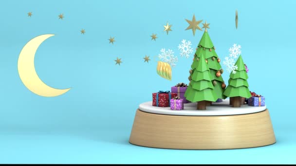 循环3D动画一个玩具 一个纪念品 一个低矮的模型圣诞树在看台上和一个黄金月与大北斗七星星座 美丽的3D背景 节日设计 — 图库视频影像