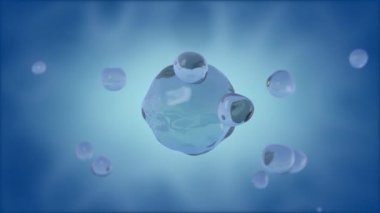 Geniş bir su küresinin soyut 3D animasyonu ve küreyle birleşip uçarak uzaklaşan uzayda birçok damla. Alfa kanalı ile canlandırma.