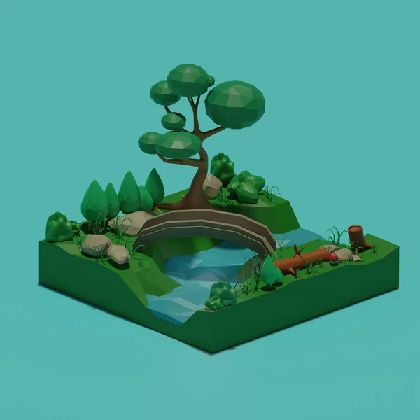 3d rendering of nature, low-poly style. An island with a stream and a bridge, next to a growing tree, a stump and a log. Low-poly illustration of outdoor recreation.