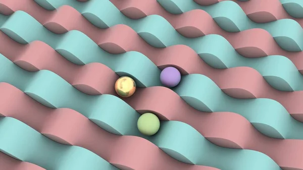3d rendering of an abstract wavy background. The blue and pink wavy lines are parallel to each other.  There are balls on their surface. Image for screensavers and desktop.