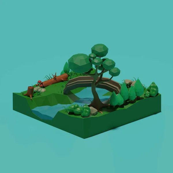 3d rendering of nature, low-poly style. An island with a stream and a bridge, next to a growing tree, a stump and a log. Low-poly illustration of outdoor recreation.