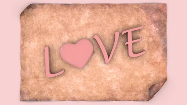 3d rendering of a parchment sheet, a papyrus scroll with the text LOVE and a heart. a declaration of love, an illustration for the Valentine's holiday, for postcards and screensavers.