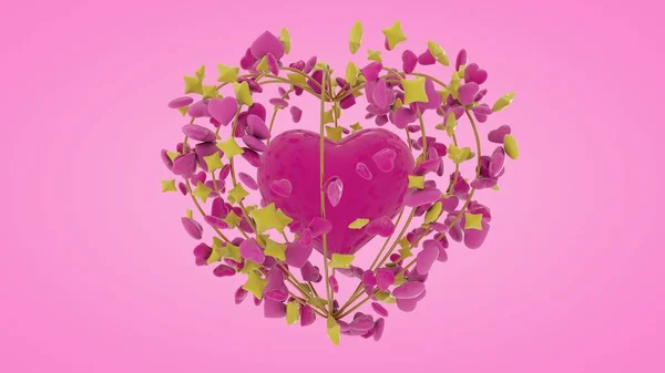 3D渲染情人节卡片 一个红色的心脏在一个金黄色的笼 有大量的心脏和星星围绕 情人节的3D插图 爱与忠诚的象征 — 图库照片