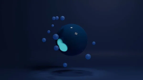 暗い青色の光沢のある球とその表面に輝くスポットの3Dレンダリング 球の周りに小さな青いボールの配列です 概要構成 — ストック写真