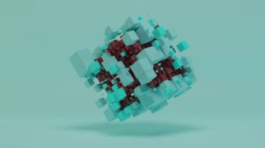 Uzayda titreşen mavi küpler dizisinin soyut üç boyutlu animasyonunu göster. Hesaplamalı kuantum makinesinin çizimi, kuantum kubitlerinin süperpozisyonunun durumu.