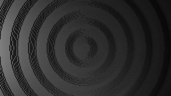 3d rendering of black concentric circles, waves of pixel cubes. Abstract 3d background illustration.