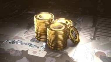 Loop 3d animation of a lot of NFT coins. Gold coins on the surface of a chip, an electronic device. The idea of blockchain digital financial technologies.