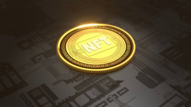 3d rendering of the NFT gold coin on the surface of the chip. A gold coin of a new cryptocurrency, virtual art. The idea of digitalization of art. Illustration for compositions.