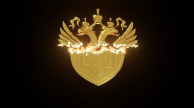 3d rendering of the golden coat of arms of Russia, and the golden shield with the symbol of Ukraine, the trident. The idea of confrontation, war, armed aggression.