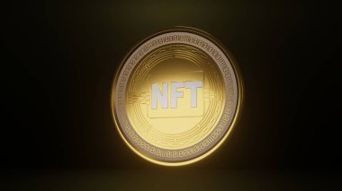 3d rendering of the NFT gold coin. A gold coin of a new cryptocurrency, virtual art. The idea of digitalization of art. Illustration for compositions.
