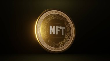 3d rendering of the NFT gold coin. A gold coin of a new cryptocurrency, virtual art. The idea of digitalization of art. Illustration for compositions.