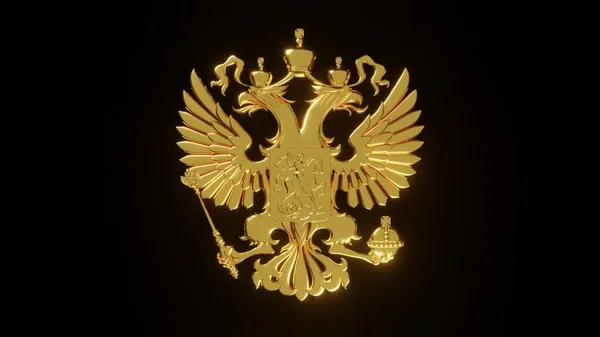 3d rendering of the golden coat of arms of Russia, double-headed eagle. The golden coat of arms of Russia on a black background. The coat of arms of Russia is not a trademark.