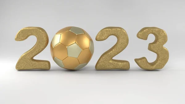 3d rendering of the golden date of the new year 2023. A golden soccer ball instead of zero. The idea of sporting achievements and victories, prosperity and success in the new year.