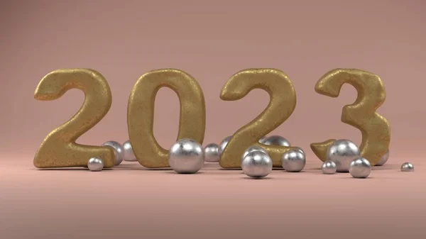 3d rendering of the golden date of the new year 2023 and lots of silver balls on a pink background. The idea of prosperity and well-being in the new year 2023.