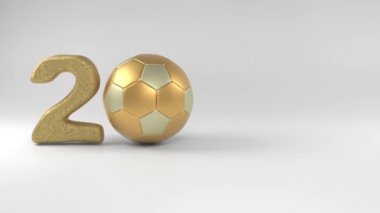 Altın bir futbol topunun 3D yılbaşı animasyonu ve 2023 yılının tarihi. 2023 ve değerli metal parçalarından oluşan gümüş bir yağmur. 2023 yılbaşı tatili için. Spor başarıları, zaferler ve kutlamalar fikri.