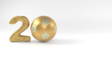 Altın futbol topunun 3D animasyonu ve 2023 yılının tarihi. Yeni yıl fikri, futbol çağı, zaferler ve spor başarıları.. 