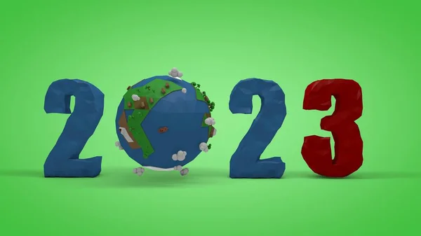 2023 Dátum Ábrázolása Föld Bolygó Alacsony Poli Modellje Környezetbarát Jövő — Stock Fotó