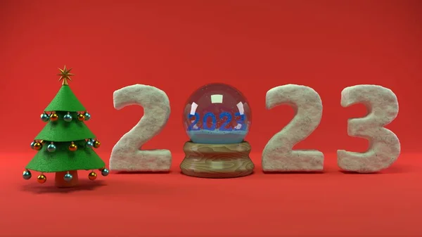 Ztvárnění Data Nového Roku 2023 Křišťálové Koule Vánoční Stromeček Krásná — Stock fotografie