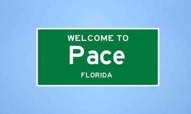 Pace, Florida şehir sınırı tabelası. Amerika 'dan kasaba tabelası.