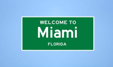 Miami, Florida şehir sınırı tabelası. Amerika 'dan kasaba tabelası.